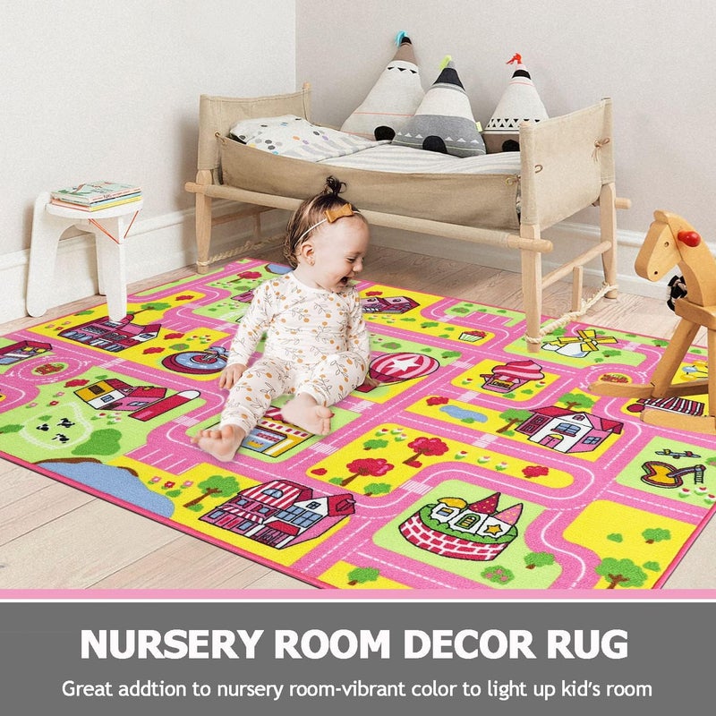 Capslpad Kid Rug for Playroom Pink Play Rug Traffic Road Car Play Mat 5.2x3.3 ft Educational Learning Area Rug Washable Kids Carpet for Children Girls Bedroom,Playroom,Nursery Room Decor - Image 5